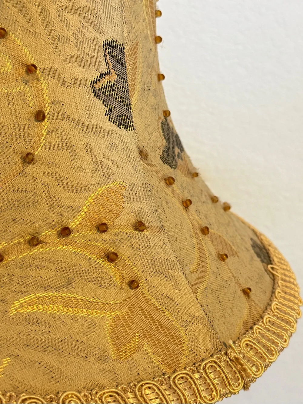 Vintage Bell lamp shade featuring an ornate design golden lace fabric beaded
